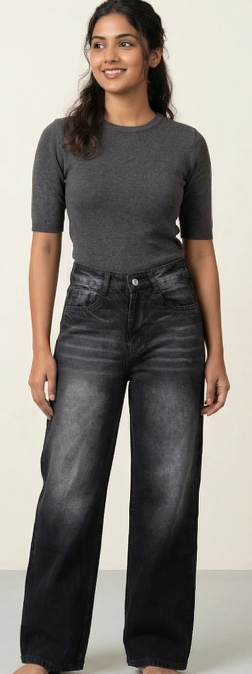 Women's High-Waisted Wide Leg Jeans – Charcoal Grey Distressed Denim with Relaxed Fit