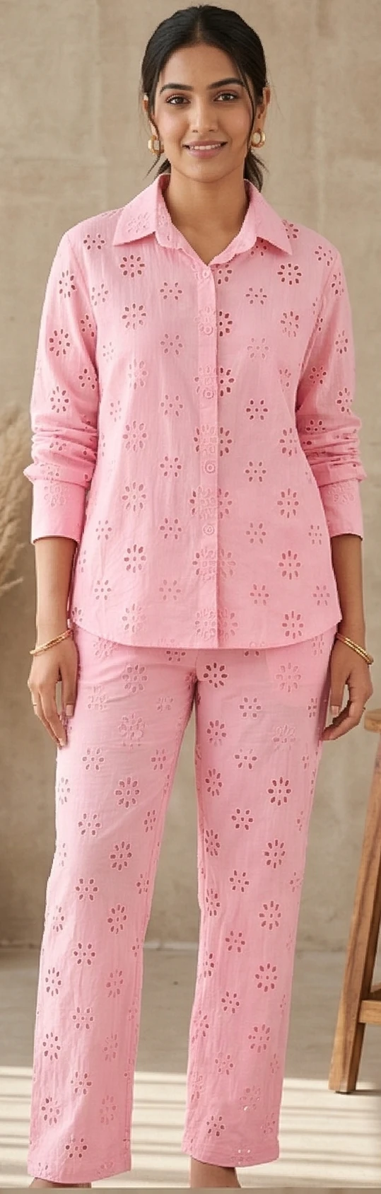 Women's Pink Floral Eyelet Cotton Co-ord Set - Button-Down Shirt & Matching Trousers