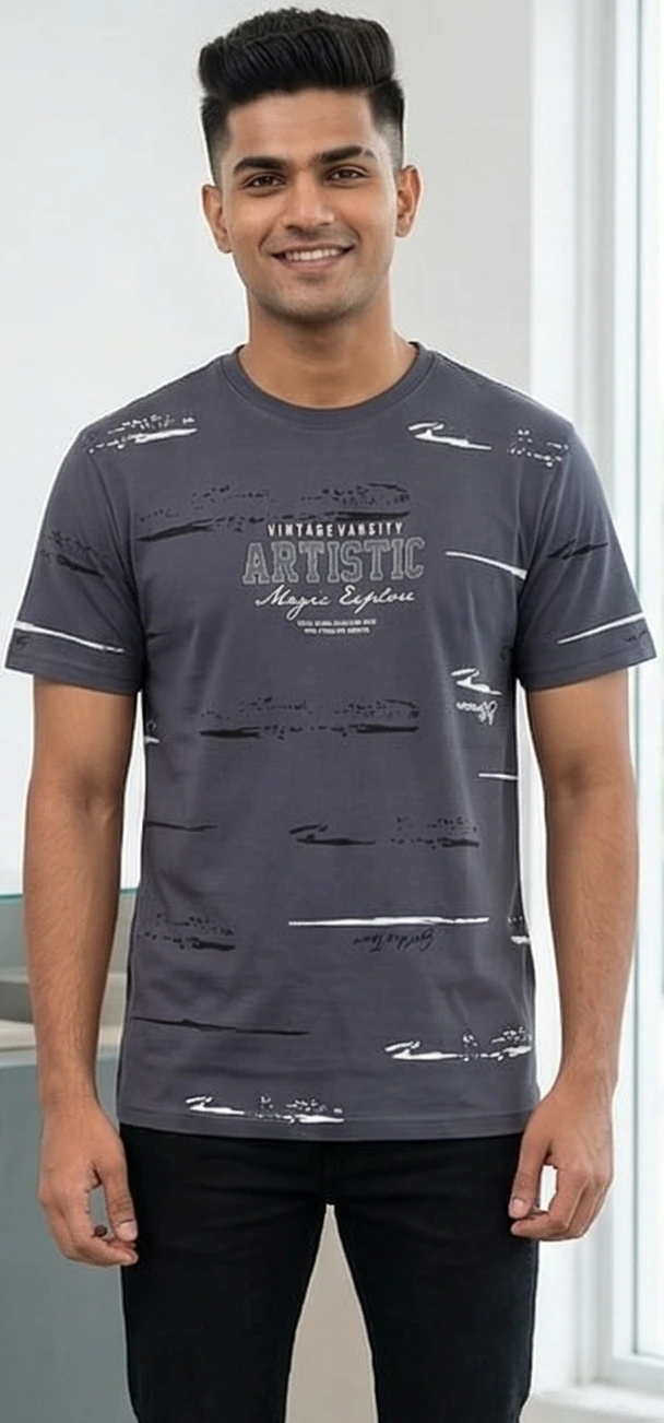 Men’s Charcoal Grey "Artistic Magic Explore" Graphic Print Cotton T-Shirt