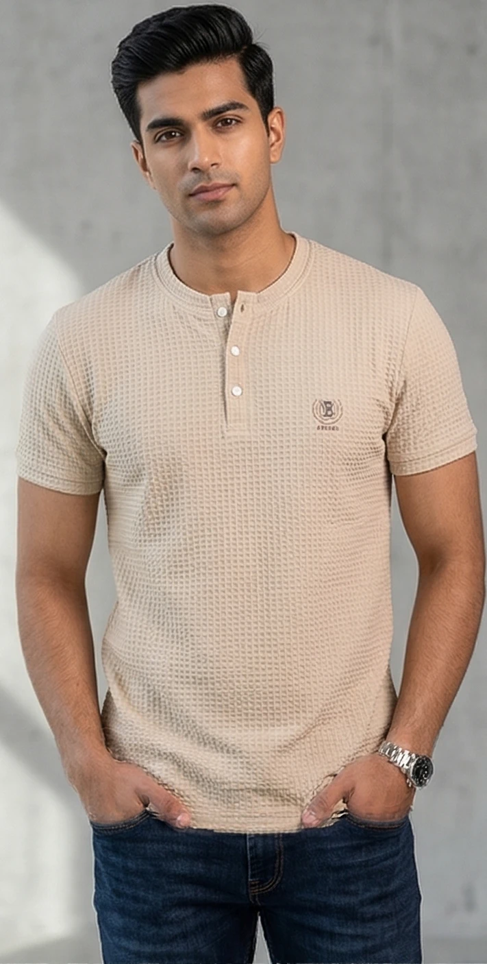 Men's Beige Waffle-Knit Henley T-Shirt - Slim Fit Textured Cotton Blend with Embroidered Logo