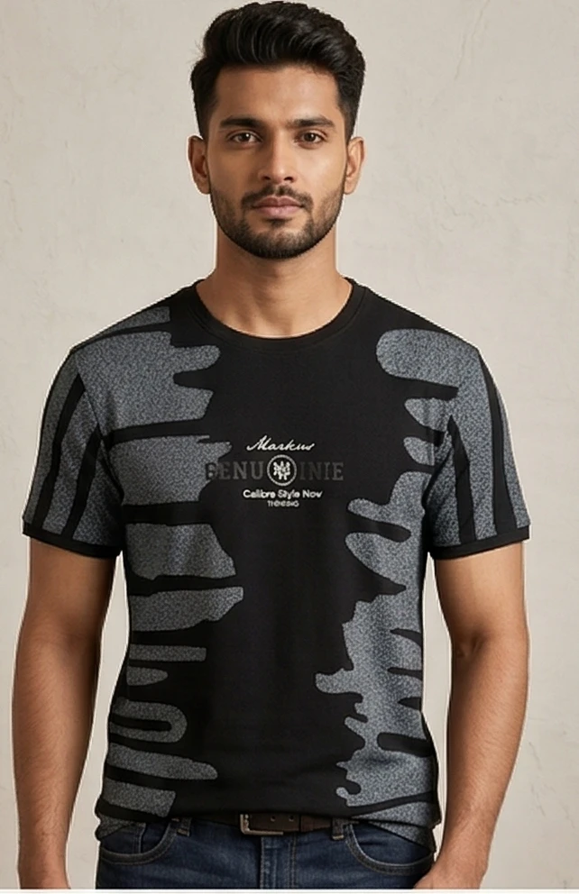 Men's Slim Fit Black Crew Neck Tee with Gray Side Stripe Gradients and Chest Logo