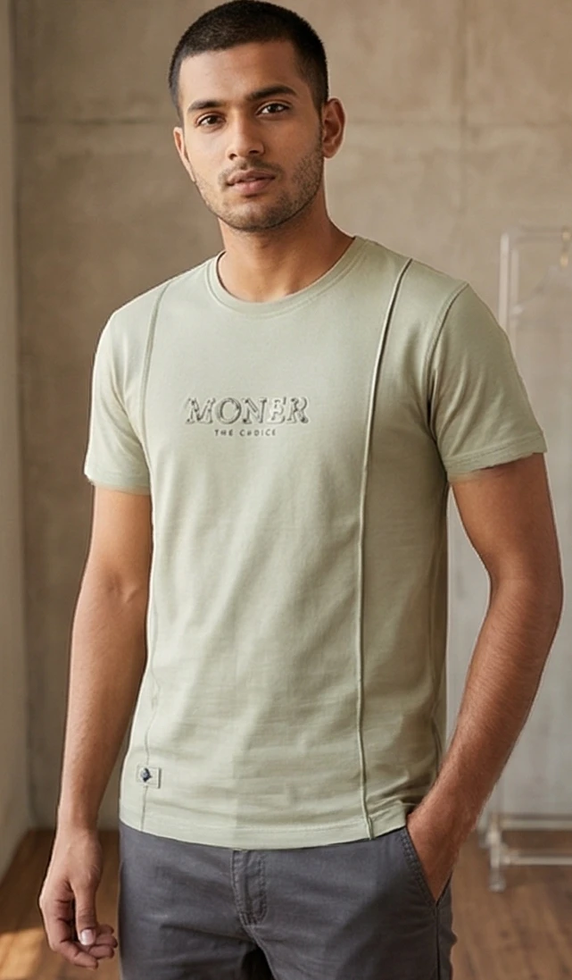 MONER Men's Slim-Fit Sage Green Crew Neck T-Shirt with Vertical Seam Detail