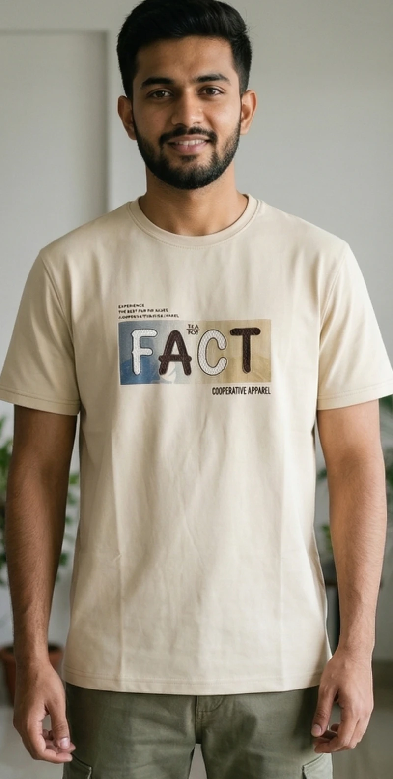 Men’s Beige Crew Neck Graphic T-Shirt - "FACT" Cooperative Apparel Print