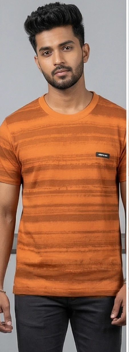 Men’s Burnt Orange Horizontal Striped Crew Neck T-Shirt – Regular Fit