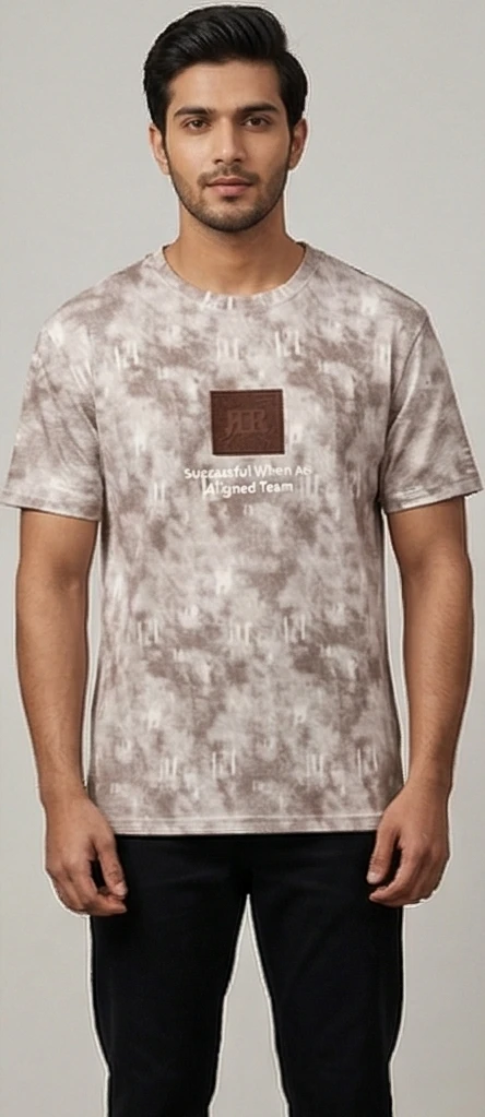 Men's Beige Abstract Acid-Wash Graphic Tee – "Successful Aligned Team" Print