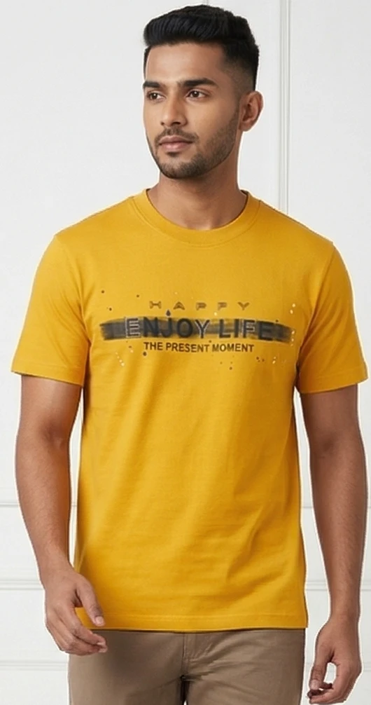 Men’s Mustard Yellow Graphic T-Shirt - "Happy Enjoy Life" Inspirational Print - Slim Fit Cotton Crew Neck