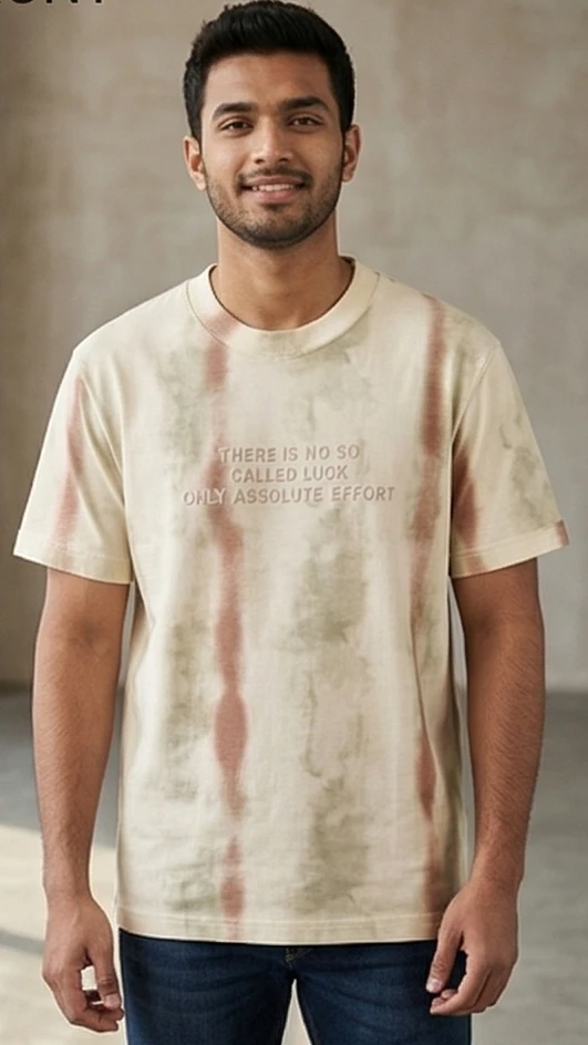 Men's Earth-Tone Vertical Stripe Tie-Dye T-Shirt with Embossed Motivational Quote