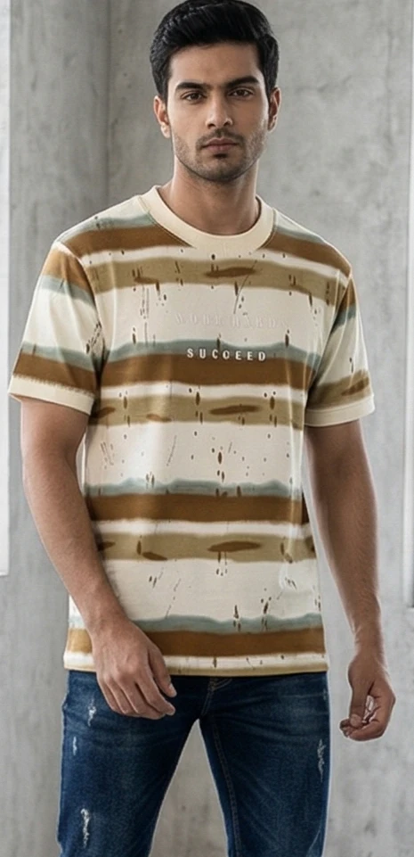 Men's Earth-Tone Abstract Striped Crew Neck T-Shirt – "Work Hard, Succeed" Graphic Tee