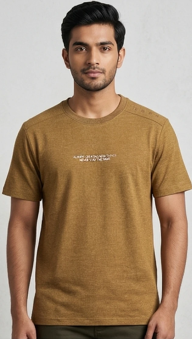 Men's Ochre Melange Slim-Fit T-Shirt with Shoulder Panel & Graphic Chest Print