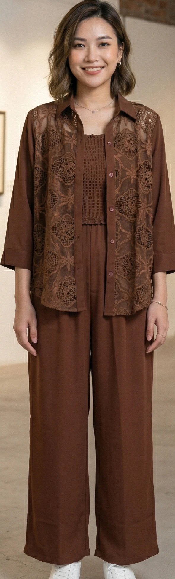 The Mocha Lace Ensemble: Premium 3-Piece Sheer Floral Lace Shirt and Relaxed Fit Palazzo Set