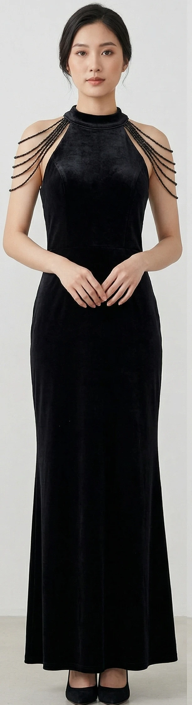 Midnight Velvet Beaded Shoulder High-Neck Evening Gown