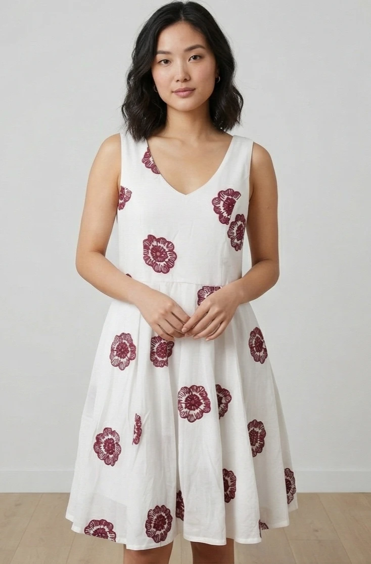 Women White & Maroon Floral Embroidered Fit and Flare Dress