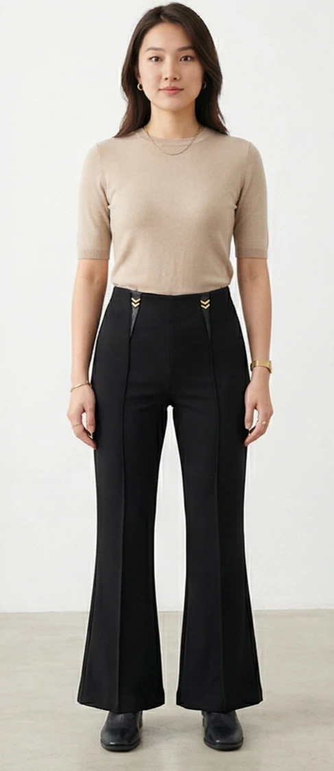 Women's High-Waisted Black Flared Trousers with Gold Hardware