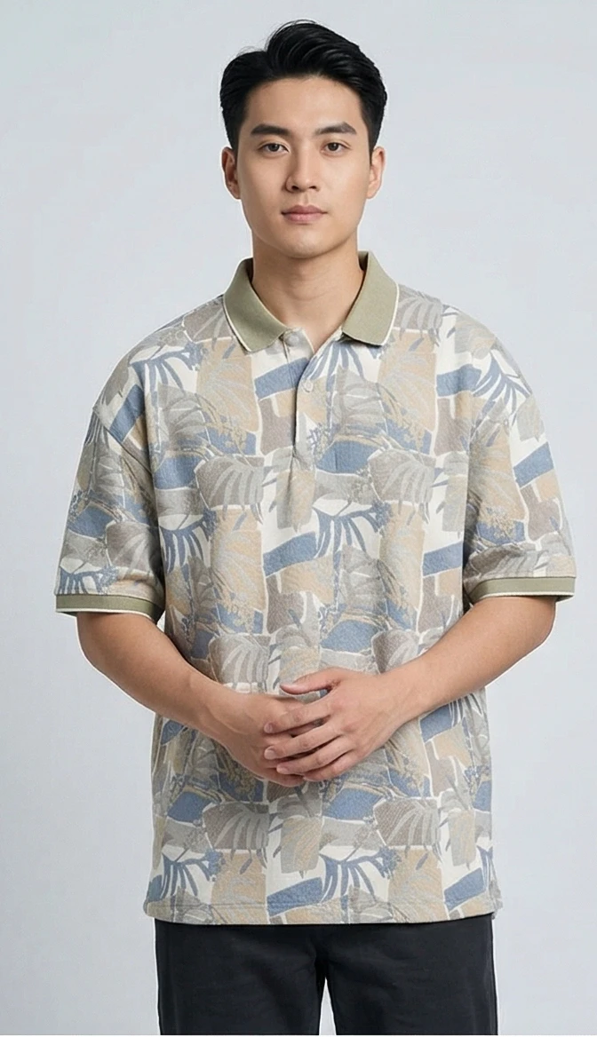 The Island Drift" Men's Textured Knit Polo – Beige & Slate Blue