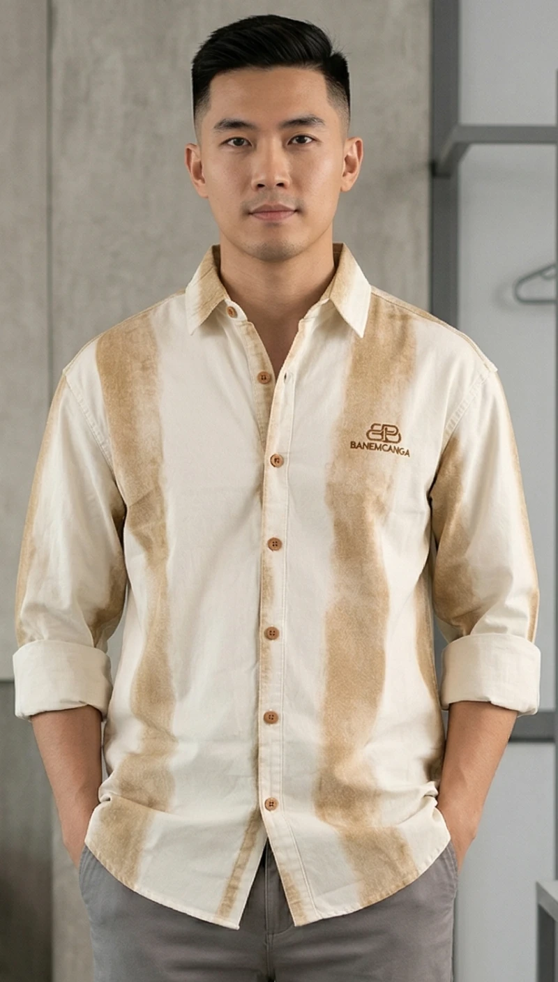 Men's Off-White Distressed Vertical Stripe Button-Down Shirt