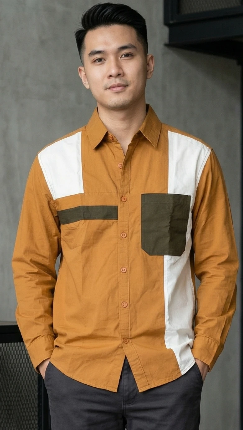 Men Mustard & White Geometric Colorblocked Casual Shirt