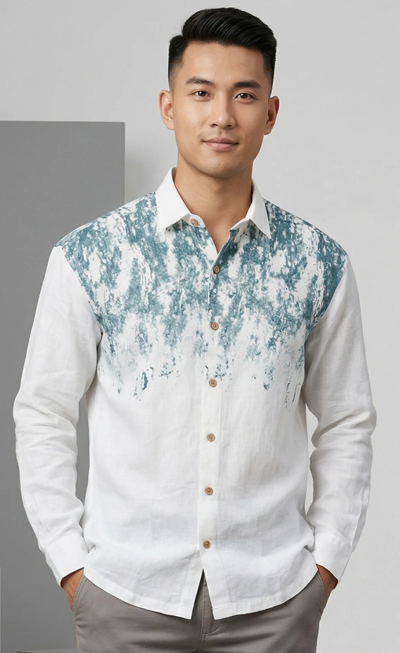 Men White & Teal Blue Abstract Print Sustainable Casual Shirt