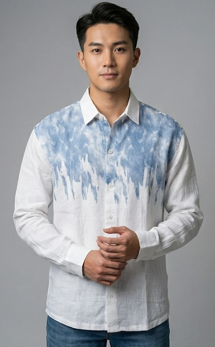 Men’s White Linen-Blend Long Sleeve Shirt with Blue Abstract Water-Stain Print