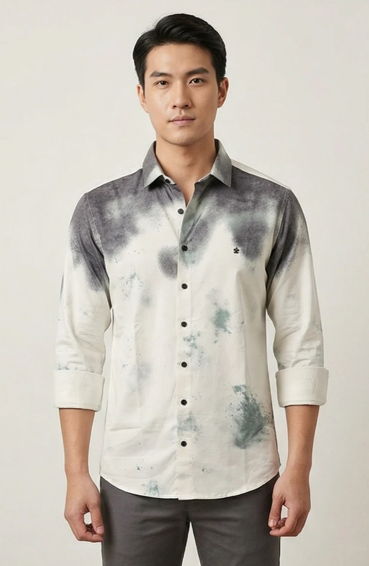 Men's Grey Ombre Tie-Dye shirt – Casual Long Sleeve Button-Up