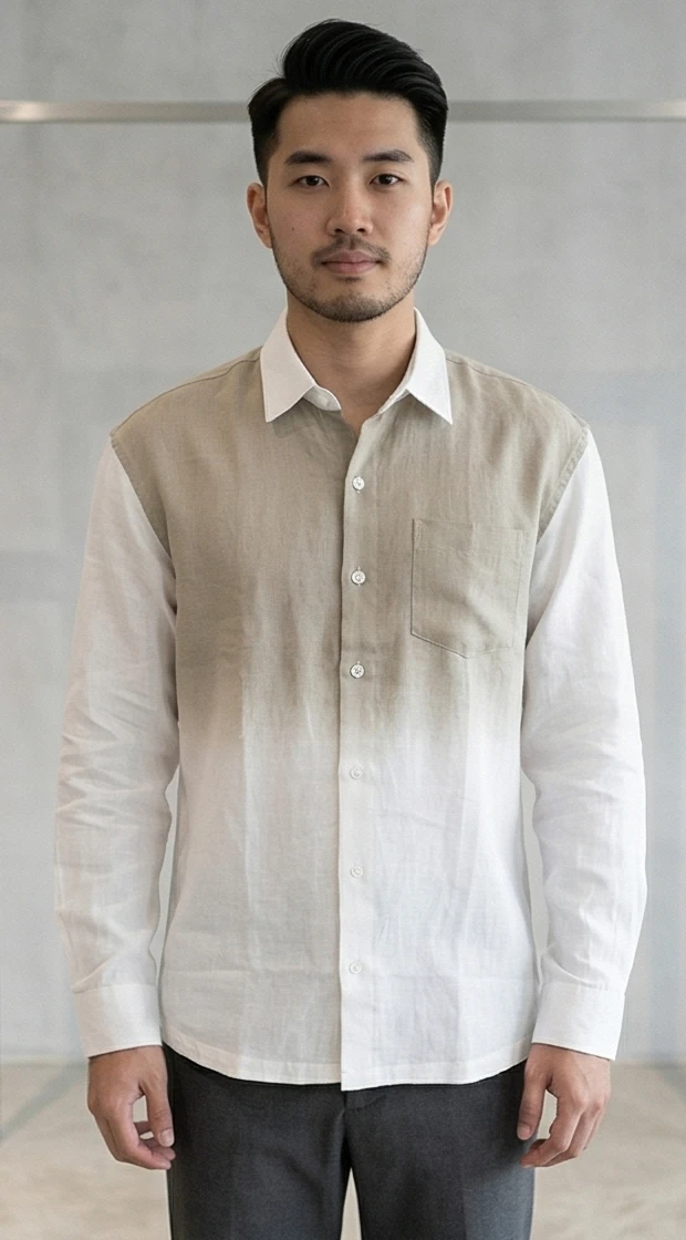 Men's Relaxed Fit Long Sleeve Linen Shirt with Ombre Color-Block Detail