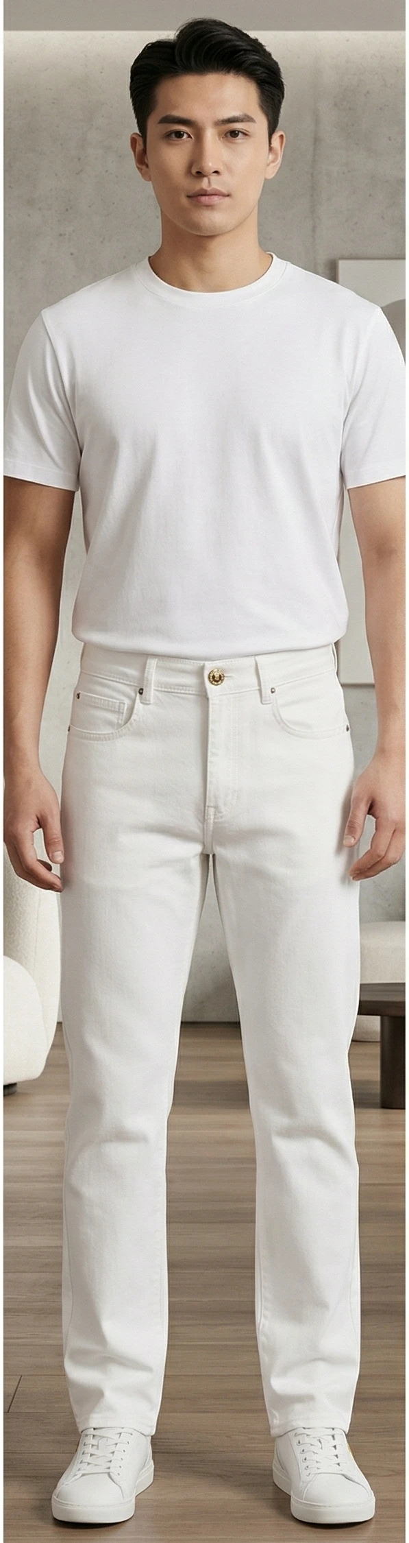 Men’s Designer White Straight-Leg Jeans with Gold-Tone Hardware and Signature Back Patch