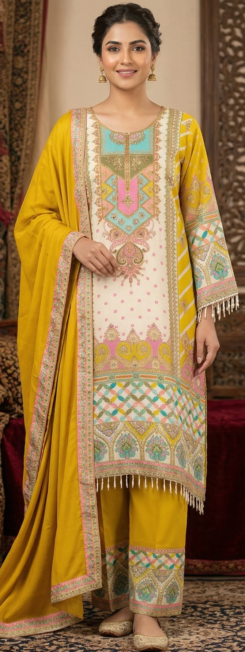 Mustard Floral Fusion Embroidered Suit Set"