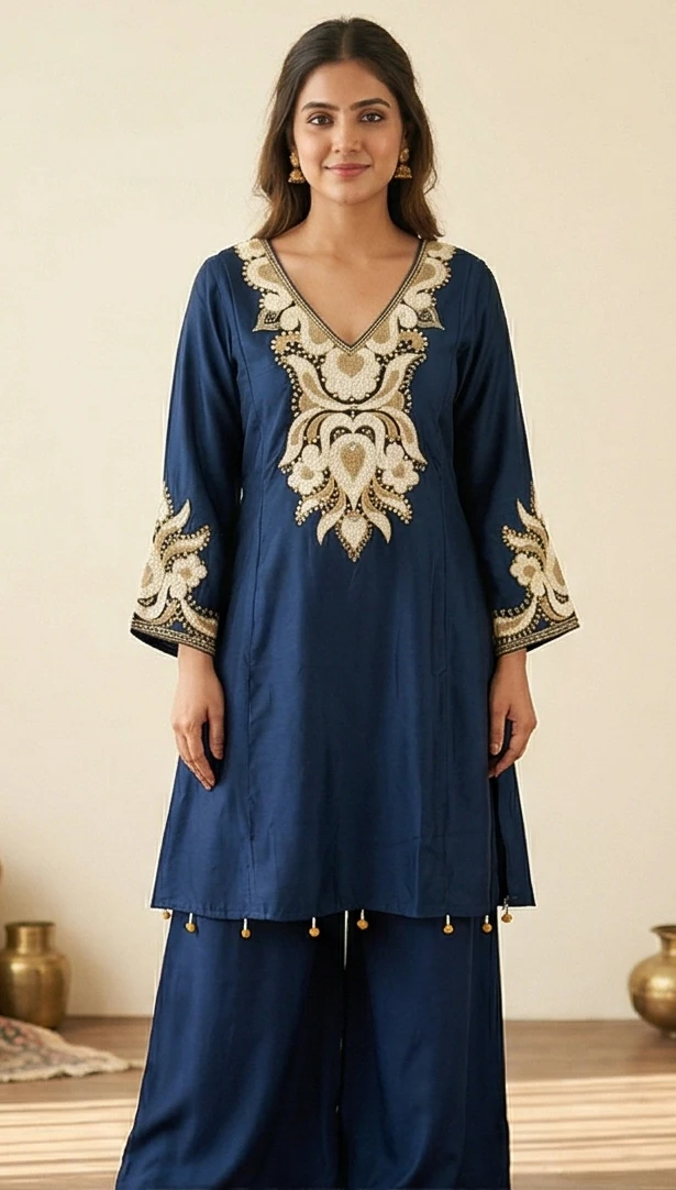 Navy Blue Embroidered Kurta Set with Gold Sequin Bodice & Wide-Leg Palazzos