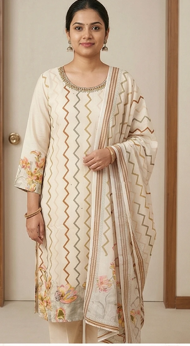 Women's Cream & Gold Zig-Zag Printed Kurta with Trousers & Matching Dupatta - 3 Piece Set