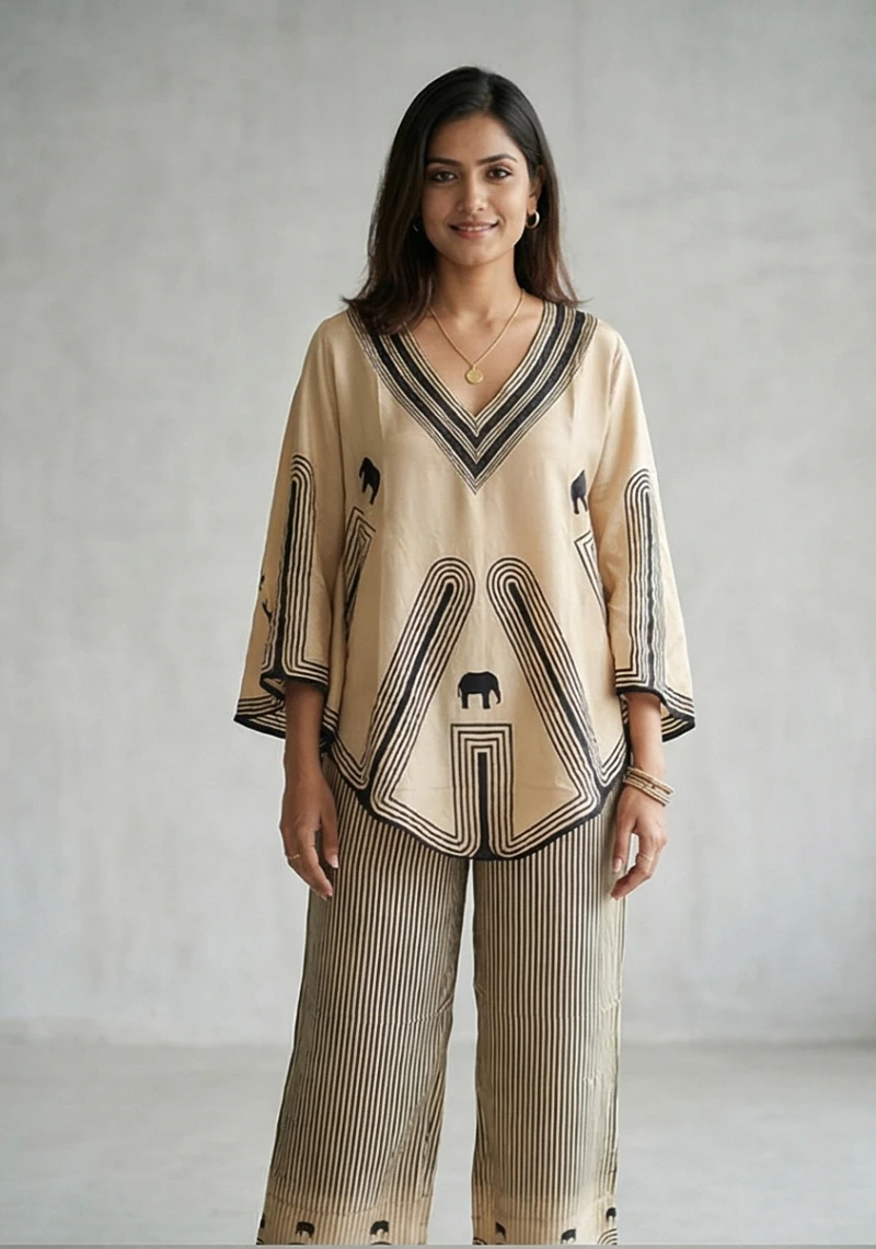 Women's Beige & Black Elephant Print Kaftan Top with Matching Striped Wide-Leg Trousers – 2-Piece Set