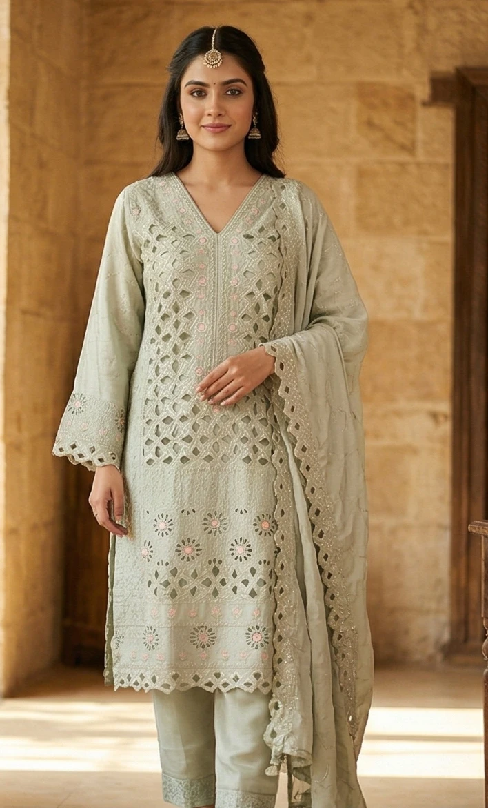 Sage Green Embroidered Cut-Work Kurta, Pants & Dupatta Set
