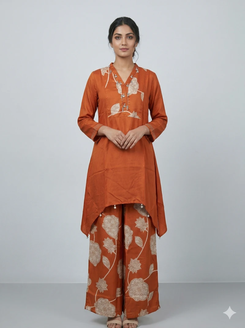 Burnt Orange Silk-Finish Tunic with Floral Embroidery and Wide-Leg Palazzos