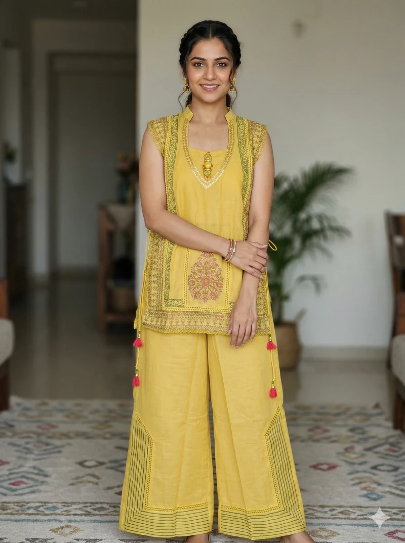 Yellow Cotton Sleeveless Kaftan-Style Kurta with Wide-Leg Palazzos and Pink Tassel Accents