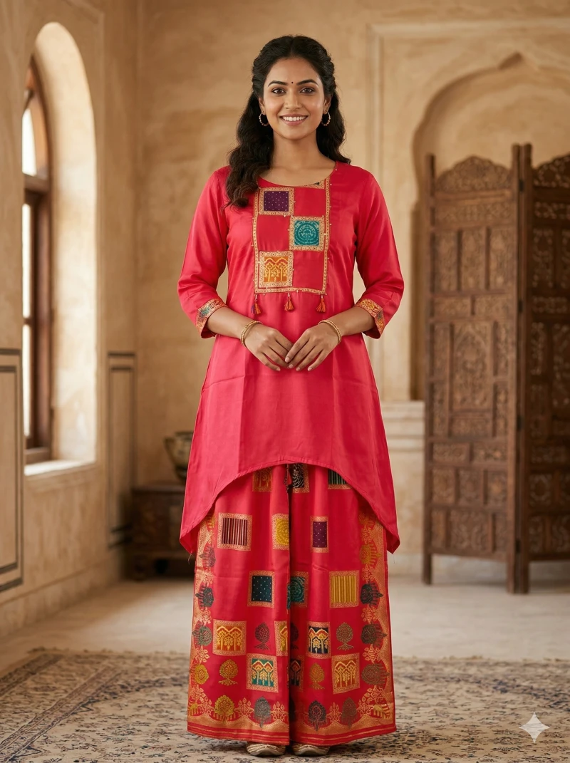 Women’s pink Silk High-Low Kurta Set with Patchwork Embroidery and Printed Palazzo Pants