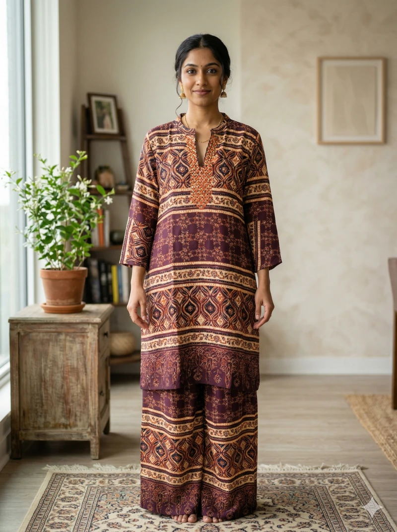 Ethnic Wear Women's Cotton Blend Printed Kurta with Matching Palazzo Pants - 2 Piece Set