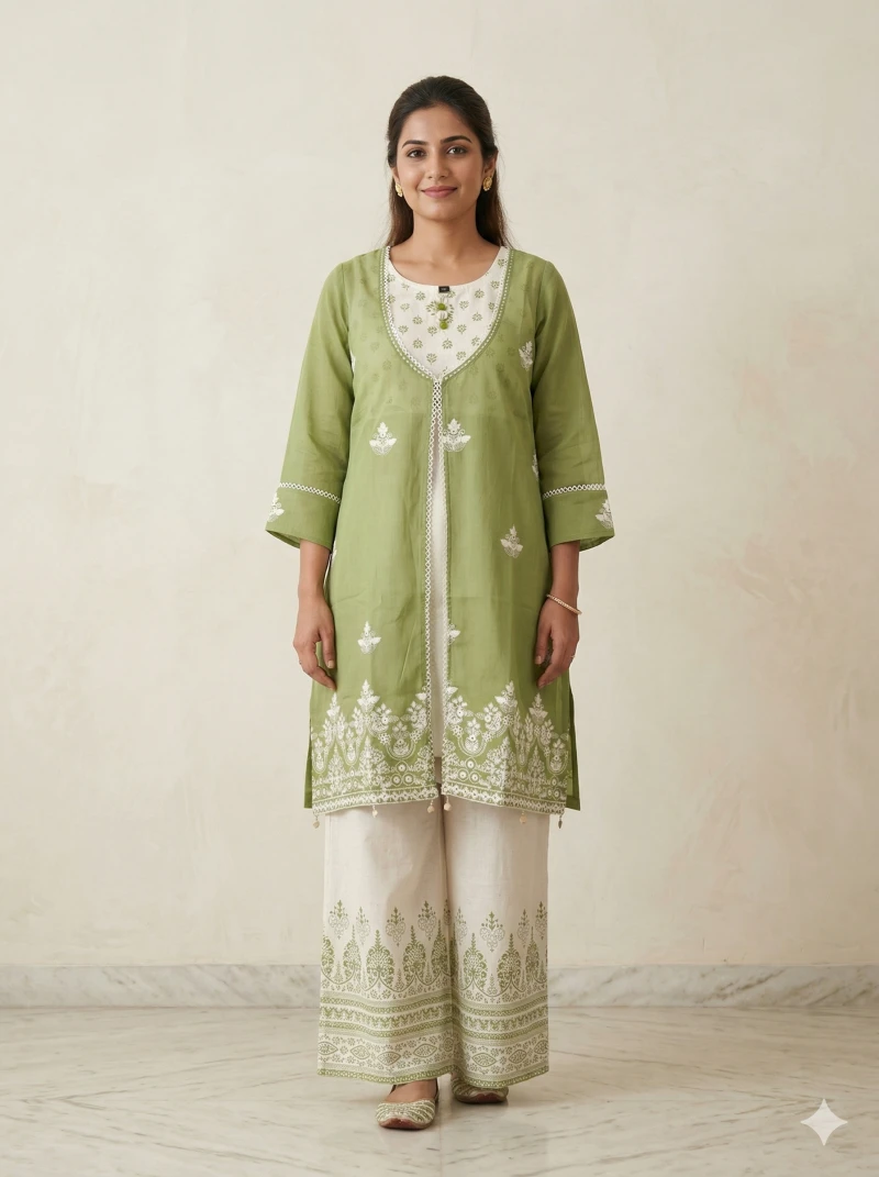 Green & White Printed A-Line Kurta with Palazzo Set