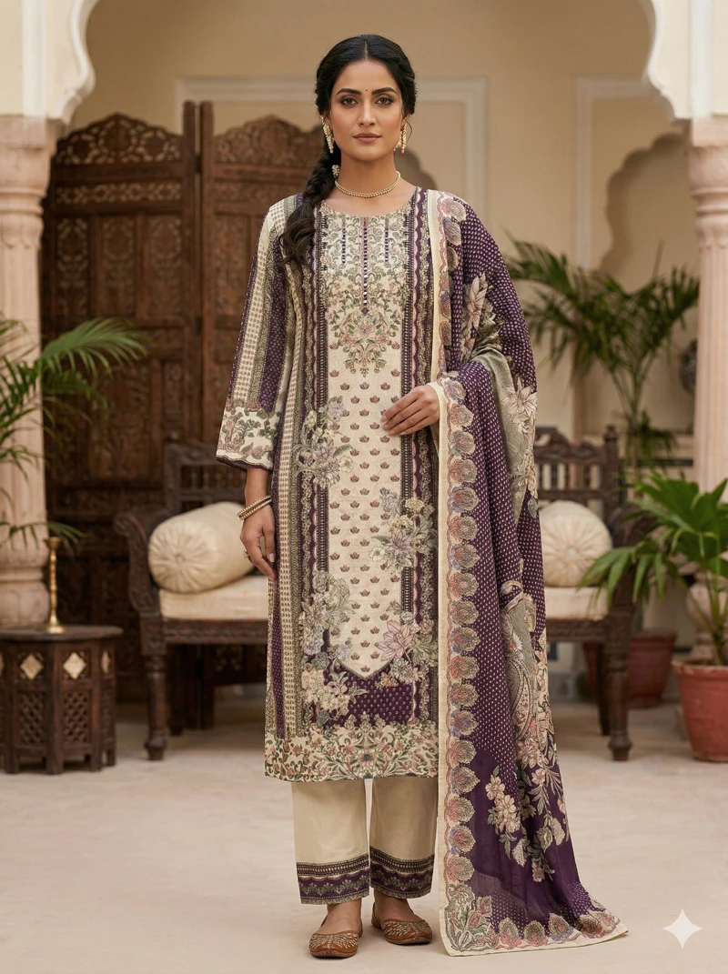 Women's Purple Printed Kurta Set with Trousers and Floral Patterned dupatta