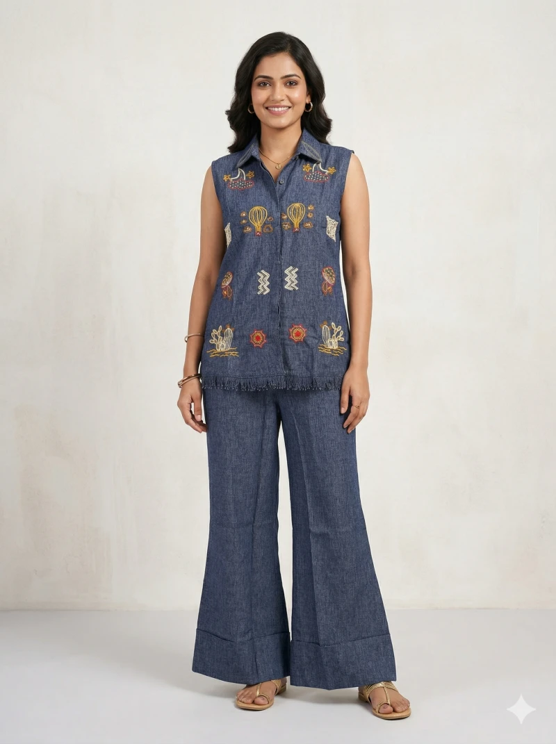 Hand-Embellished Sleeveless Tunic & Wide-Leg Trouser Set in Chambray Blue