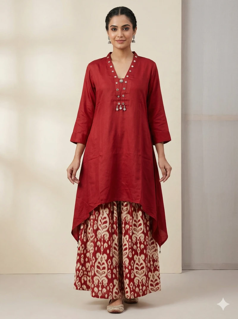 Deep Red Asymmetric Kurta with Ikat Print Palazzo Pants – 2 Piece Set