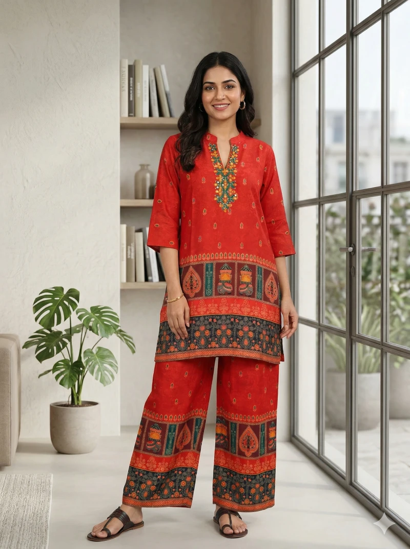 Ethnic Red Printed Kurta with Palazzos