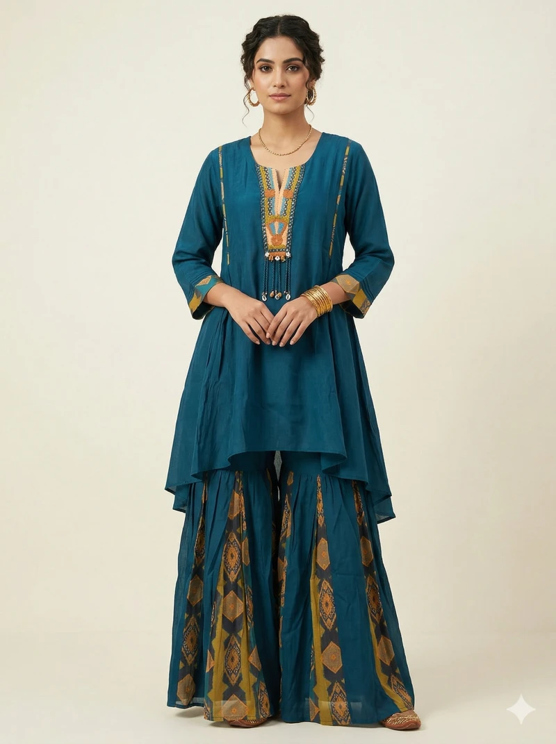 Teal Blue Embroidered High-Low Kurta with Printed Sharara