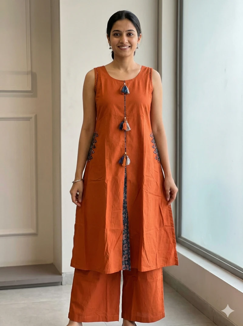 Women's Brunt Orange Sleeveless Kurta and Palazzo Set