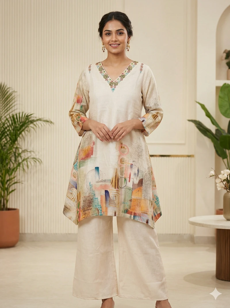 Women's Abstract Print Asymmetric Kurta with Wide-Leg Palazzos