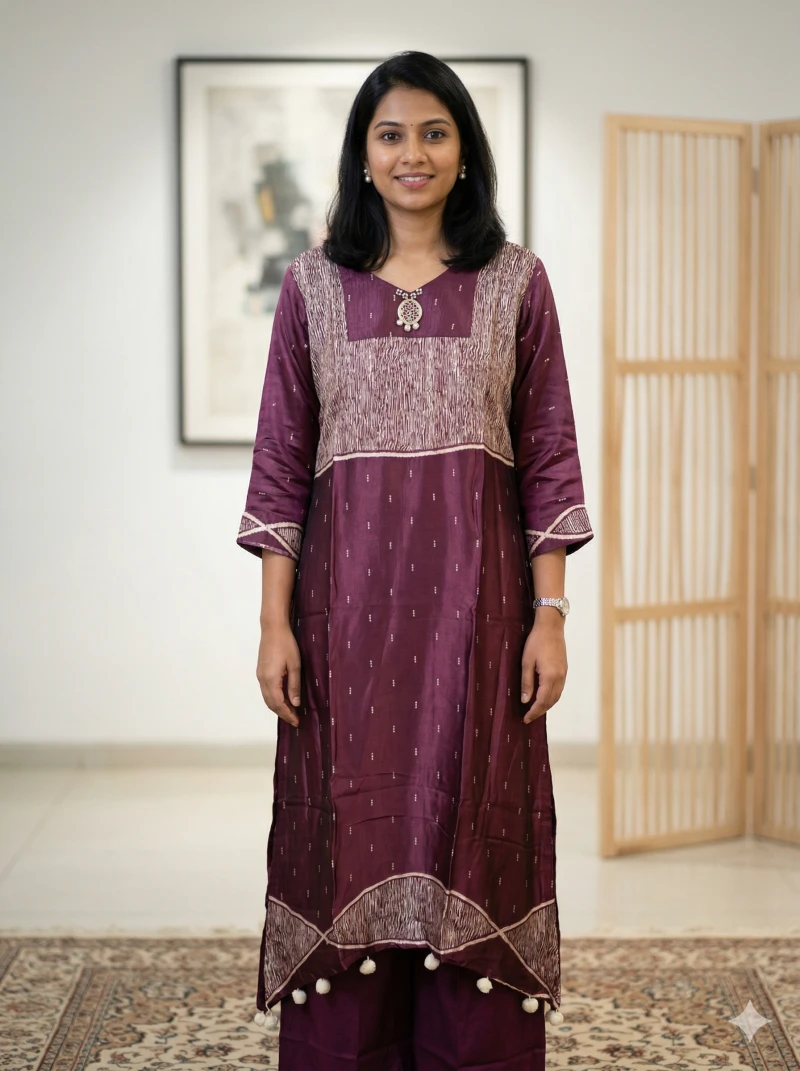 Women's deep purple Silk Blend Printed Kurta Set with Embroidered Yoke and Tassel Hem
