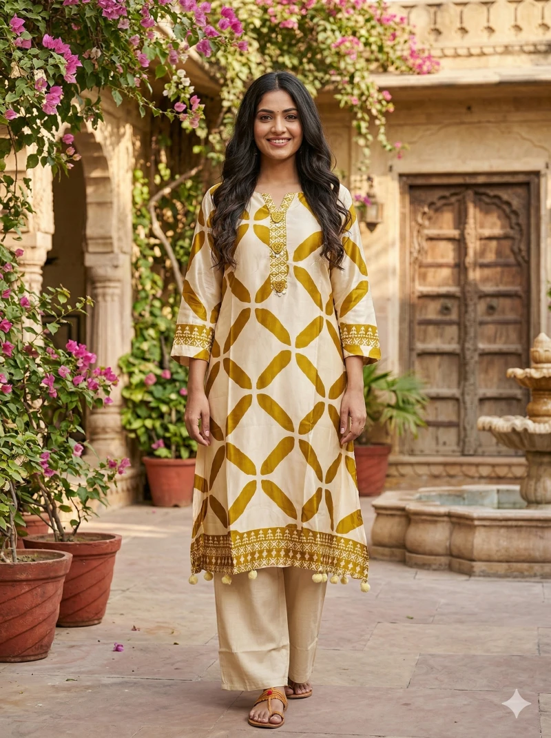 Cream & Mustard Yellow Printed Straight Kurta with Trousers