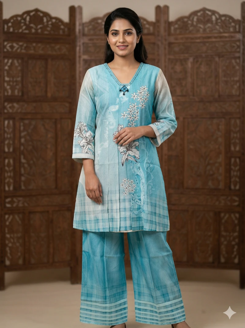 Women Blue & White Floral Printed Kurta with Palazzos