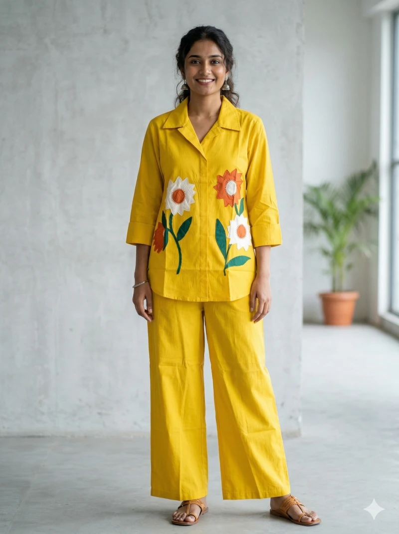 Sun-Kissed Yellow Cotton Co-ord Set with Bold Floral Appliqué