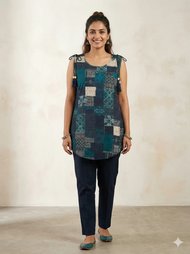 Women Navy Blue & Teal Patchwork Kurti