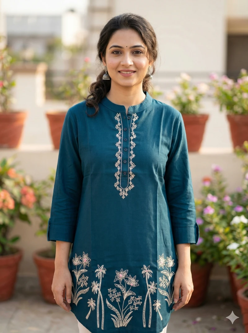 Women Teal Blue Embroidered Mandarin Collar Tunic