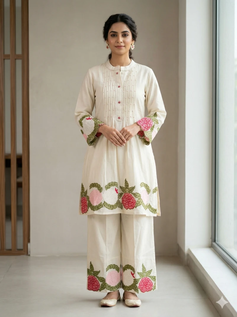 Women Off-White Floral Embroidered Kurta with Trousers