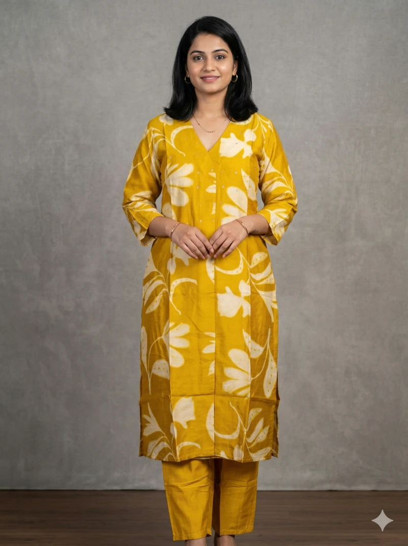 Women Mustard Yellow & White Floral Printed Kurta with Trousers